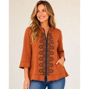 Aunt Wanda Zip Up Jacket Womens Medium Rust Orange Tribal Print 3/4 Sleeve Boho